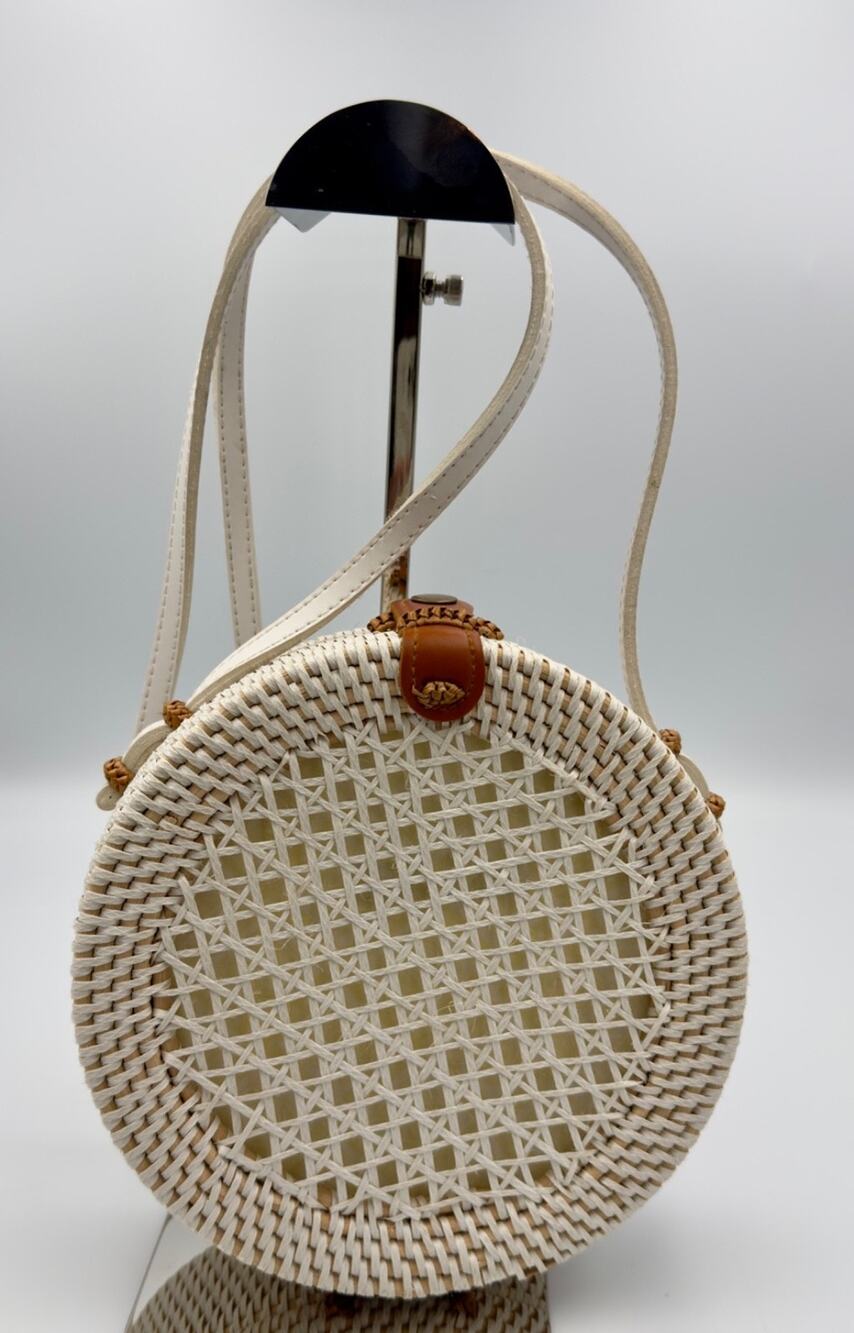 Anthropologie Rattan Circle Crossbody Bag White Woven Straw Basket Purse Boho